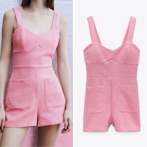 Zara short textured weave jumpsuit pink size S